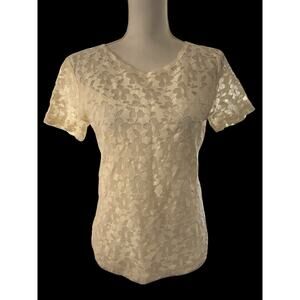 LIA Women's Ivory Lace Nylon Top T Shirt Pullover Lined Stretch USA L